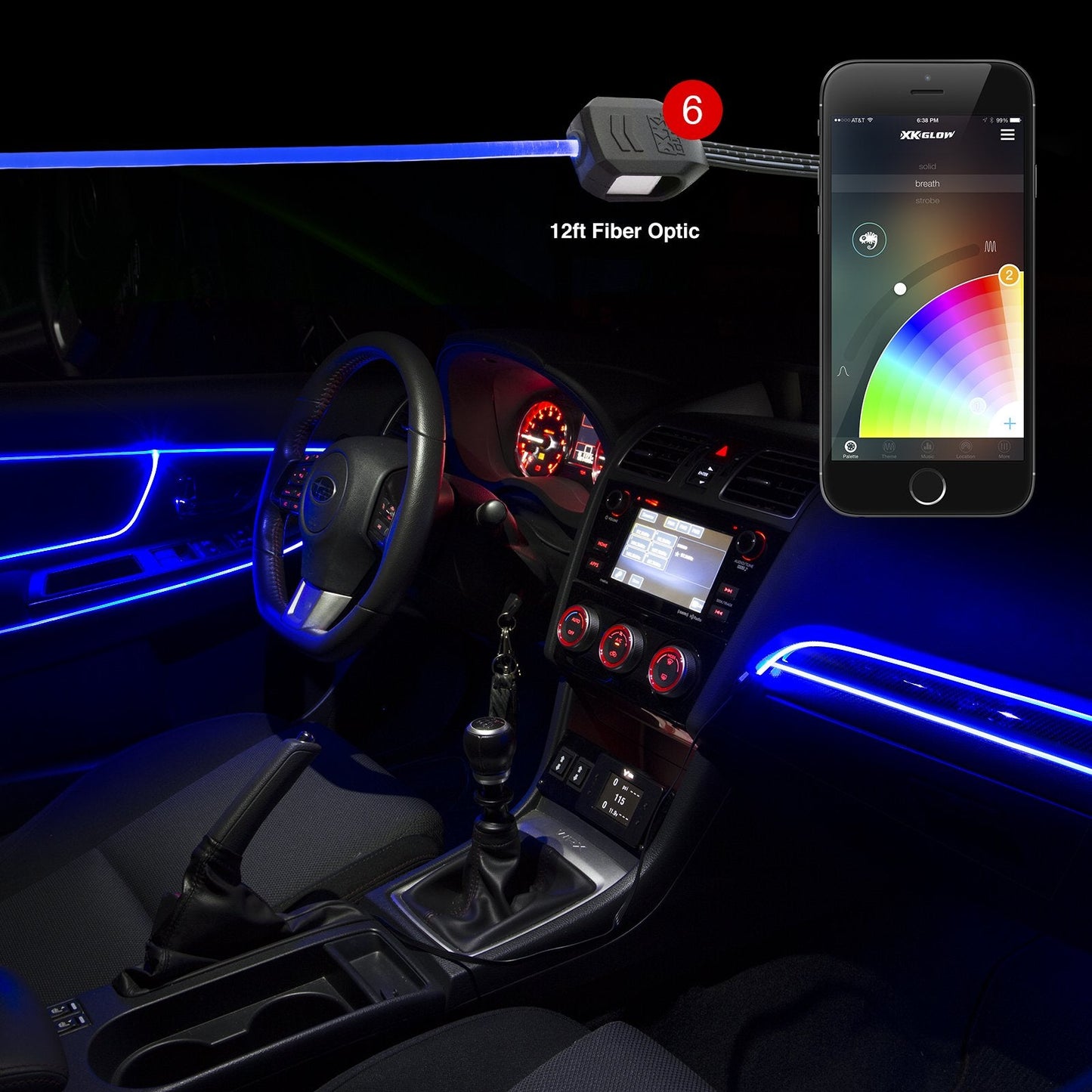 6pc LED Head 2pc 6ft Fiber Optic Roll Light Kit XKchrome App Controlled Bluetooth Enabled Automotive Car Truck Dash Door Interior Architectural Home Indoor Accent Flexible w/Mounting Tab 5V Advanced