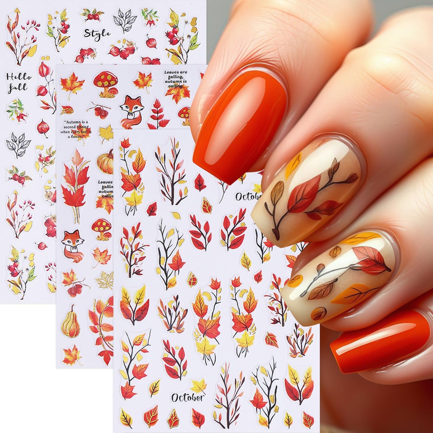 6 Sheets Fall Maple Leaf Nail Art Stickers Deals 3D Self-Adhesive Autumn Thanksgiving Pumpkin Fox Fallen Leaves Nails Designs Flower Mushroom Autumn Leaves Nail Supplies for Women Nail Decoration