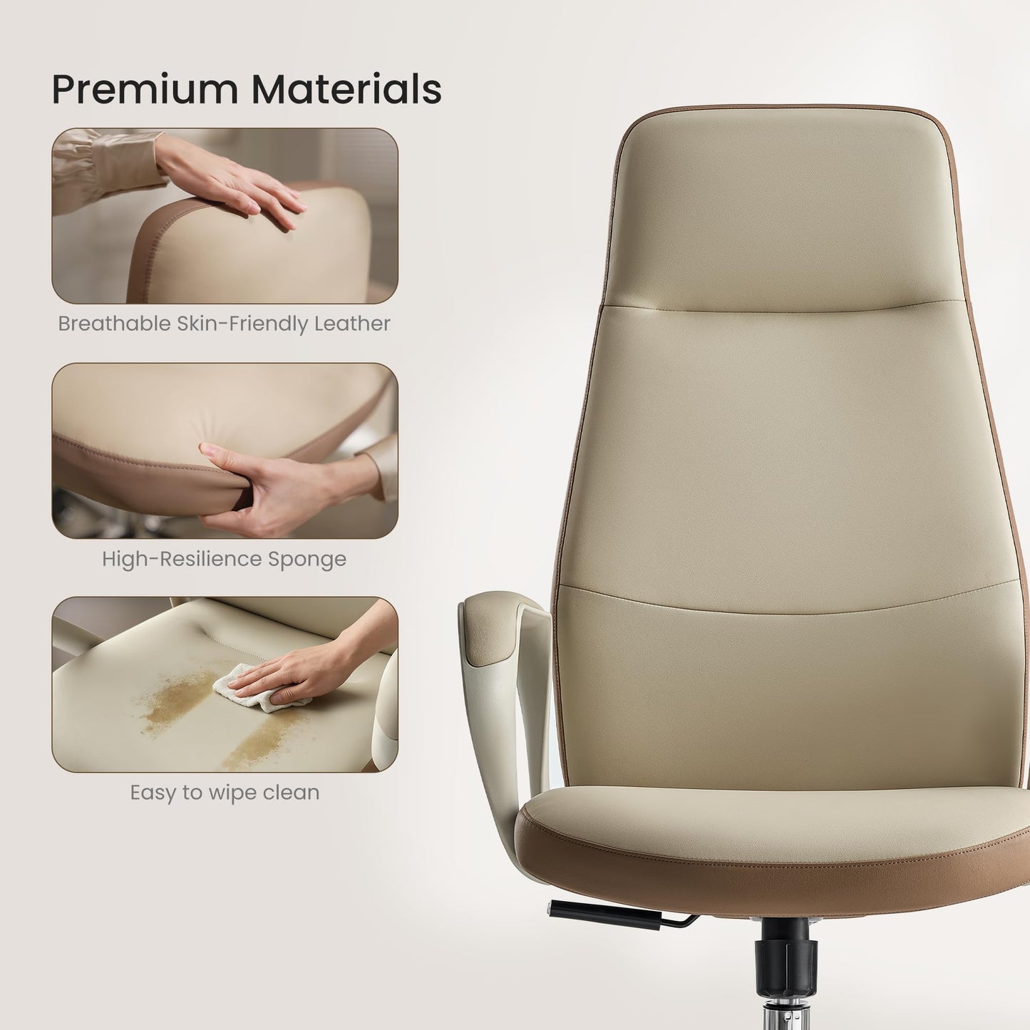 EUREKA ERGONOMIC Clara Executive Office Chair, Modern Leather Desk Chair with Back Support, Aesthetic Home Office Chair with 3-Position Recline Lock, Beige Brown