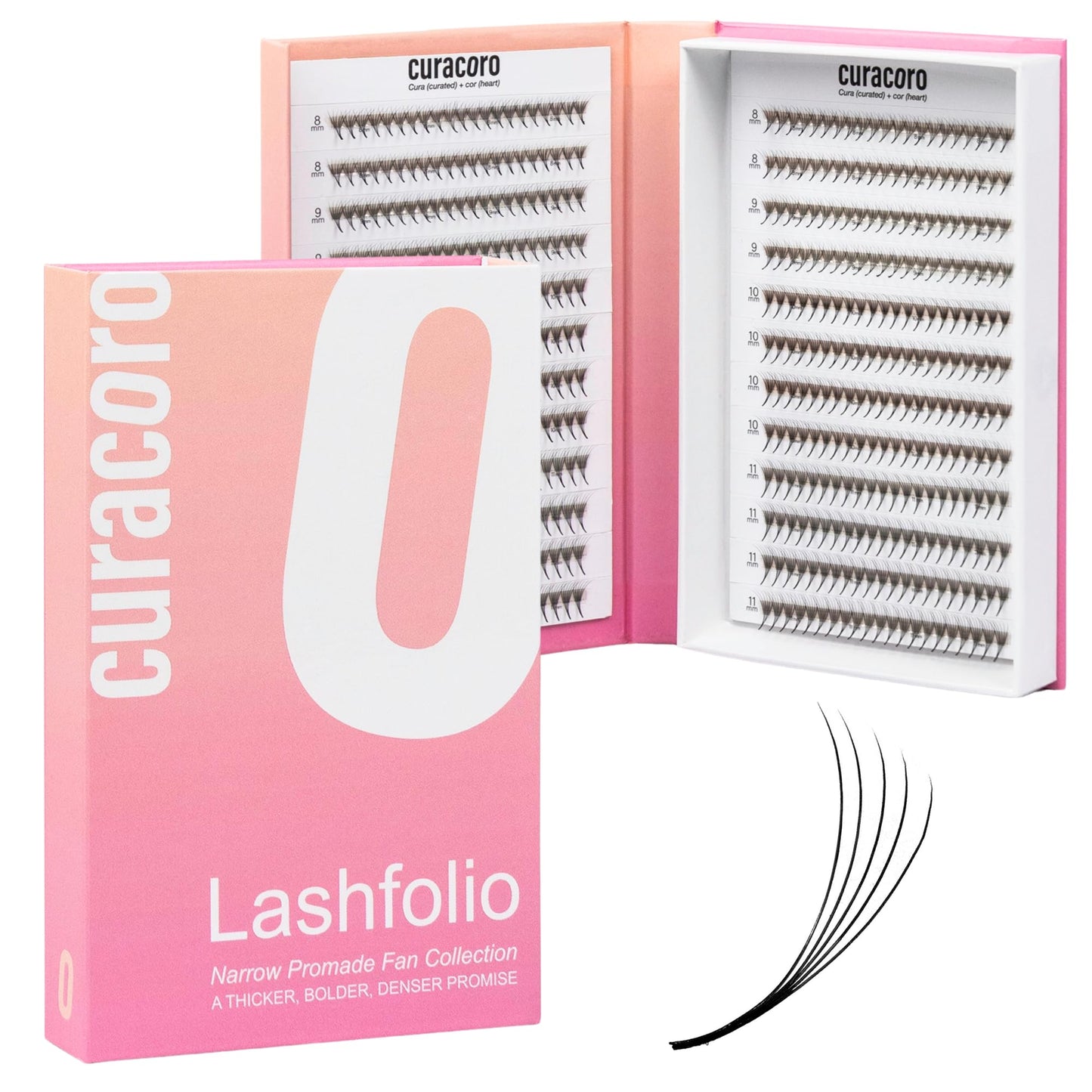 Curacoro LashFolio Narrow Promade Fans, 8D-0.05 CC Curl, 11mm Length, Handmade Volume Eyelashes, Professional Long-Lasting Promade Lash Fans