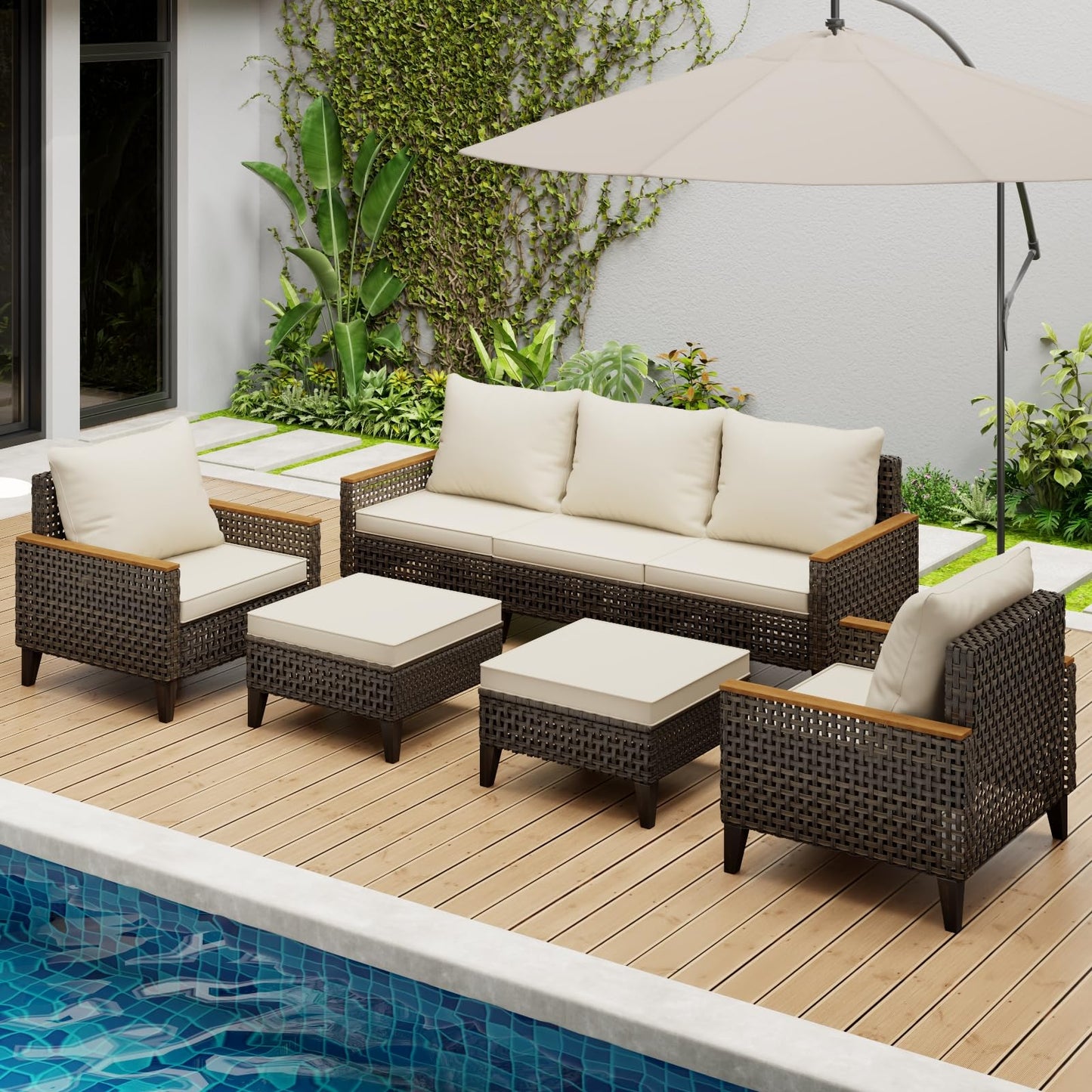 Xmkmvk 7 Piece Patio Sectional Sofa Furniture Set, All-Weather Wicker Rattan Outdoor Conversation Set with High Back and Thick Cushions, for Garden, Porch, Poolside, Beige