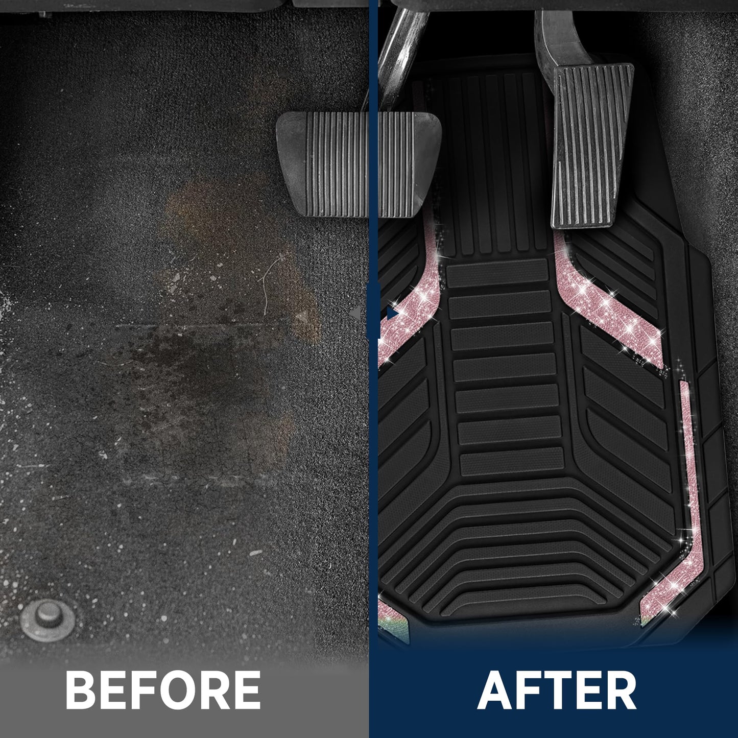 PIC AUTO Car Floor Mats, Pink Sparkly Crystal Bling Glitter Car Mats Set, Front and Rear Heavy Duty Rubber Car Mats with Anti-Slip Backing, All Weather, Trim-to-Fit for SUVs, Trucks, Sedan, Vans