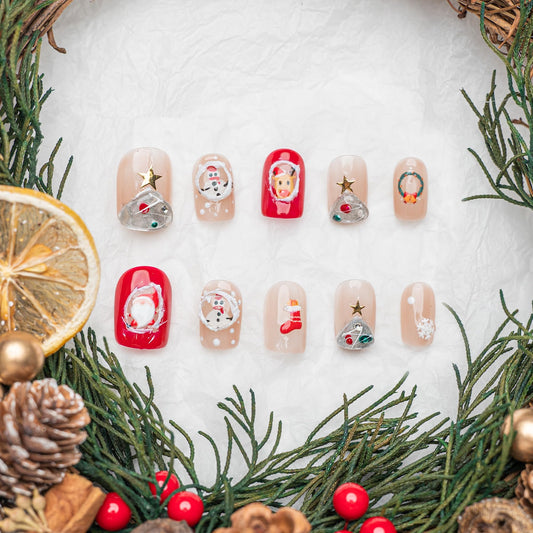 Sun&Beam Nails Handmade Press-on Short Squoval Round Red Green White Christmas 3D Sweet Design Fashion False Nail Tips 10 Pcs Set (#191 S)
