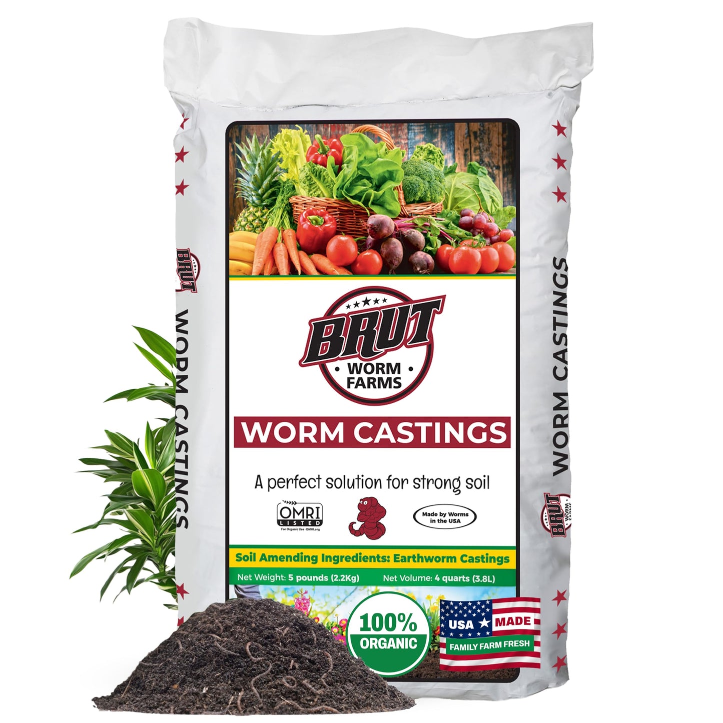 Brut Organic Worm Castings for Plants 5 LB â Natural Nutrients, Fertility Builder, Plant Food for Potting Soil and Garden Soil â Indoor and Outdoor Use