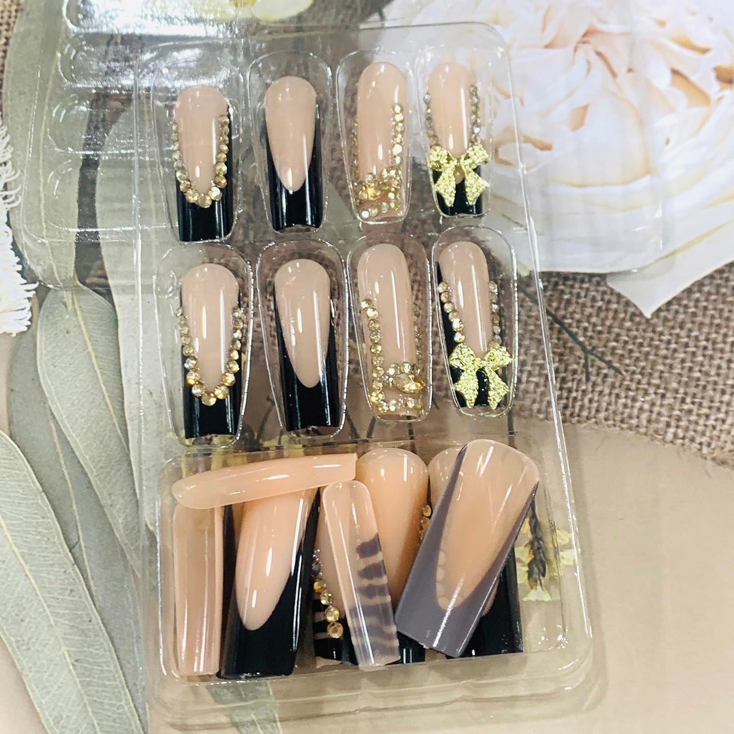 FIEONCIY Press on Nails Long Coffin Shaped Acrylic Glossy Full Cover Long Square French False Nails with Designs Artificial Extra Long Fake Nails with Charms Glue ons Fingernails for Women(XL10277)