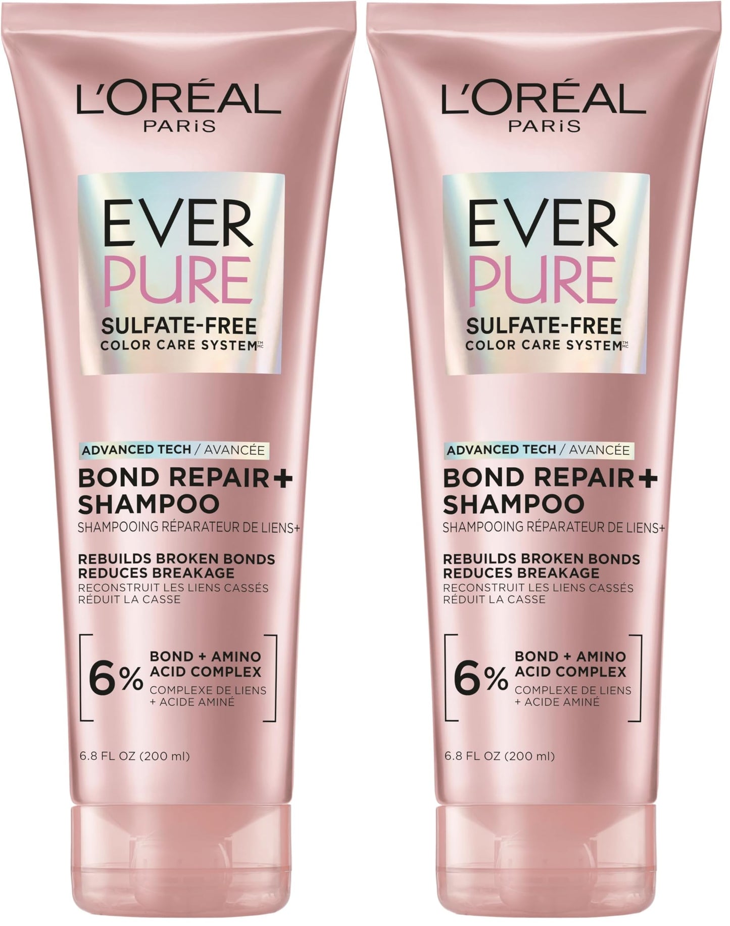 L'Oreal Paris Sulfate Free Bond Repair+ Shampoo,Hair Shampoo with Bond + Amino Acid Complex,Strengthens and Repairs Damaged or Color Treated Hair,EverPure,6.8 Fl Oz (Packaging May Vary),(Pack of 2)