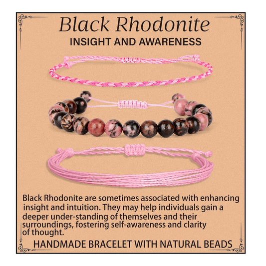QOGIR Handmade Healing Stones Bracelet,8mm Natural Black Rhodonite Gemstone Beads Bracelet,for Men Women Gifts with 2PCS Size Adjustable Rope Bracelets