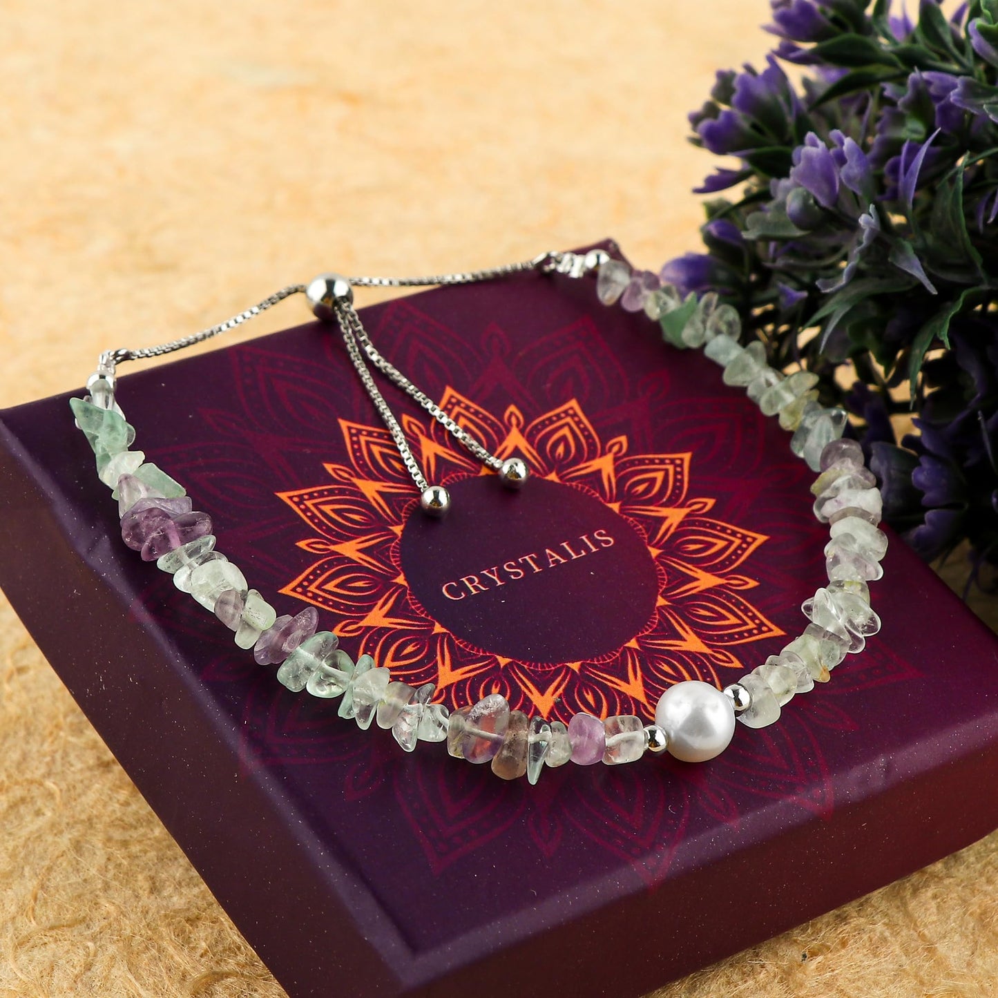 CRYSTALIS Natural Multi-Color Fluorite Beads Slider Bolo Bracelet with Elegant Pearl, Uncut Chips Nuggets Crystals, Chakra Healing Gemstone, Women Jewelry, 925 Sterling Silver Slider 10 inch