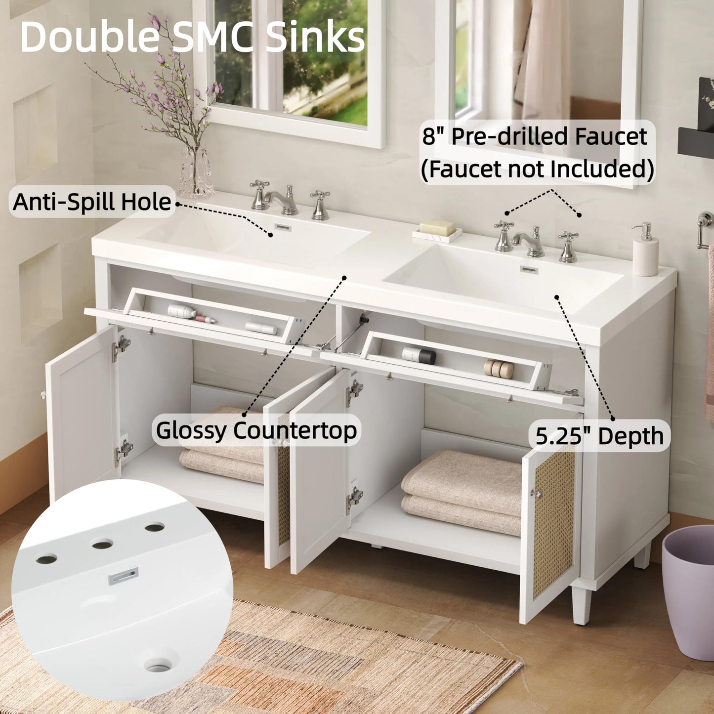 Christopher Knight Home Heli 60" Modern Double Bathroom Vanity with Sink Combo Set, Modern Freestanding Bathroom Sink Cabinet with Drawer, Bathroom Storage Cabinet with Sink Combo, White +Natural
