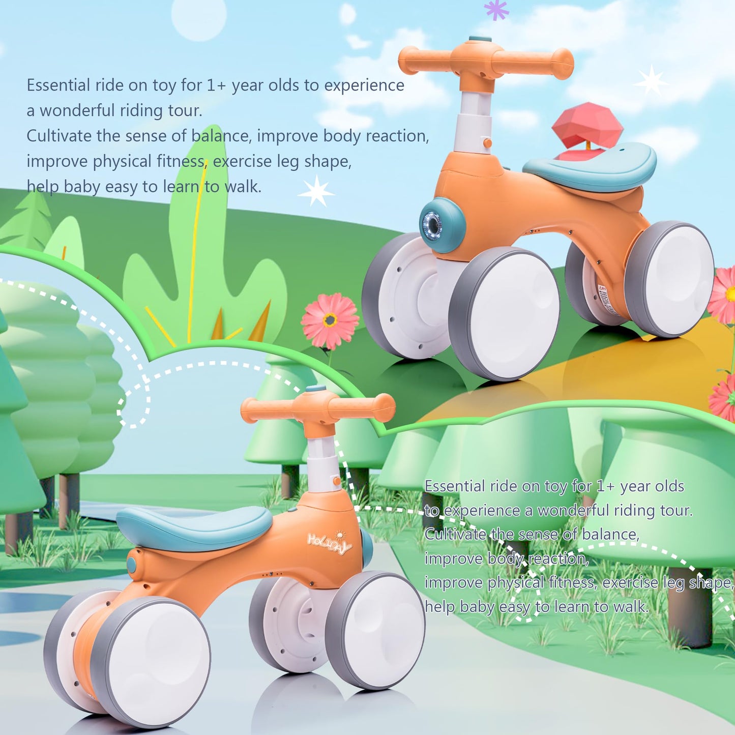 Baby Toddler Balance Bike with Bubble Machine for 1 Year Old Children,4 Wheels Kids Balance Bike w/Bubble Maker,Kids Ride on Toys,Headlight for Ages 12-36 Months Boys Girls (Orange&Green)