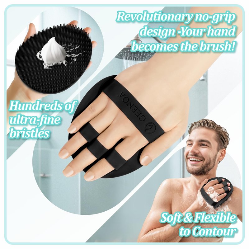 GEENOA Silicone Back Scrubber & Soft Bath Glove 2PCS, 16''- 21''Extendable Back Scrubber with Dual-Side Large Head, 360° Anti-Slip Hand-fit Silicone Body Scrubber for Rich Foaming Deep Cleaning(Black)