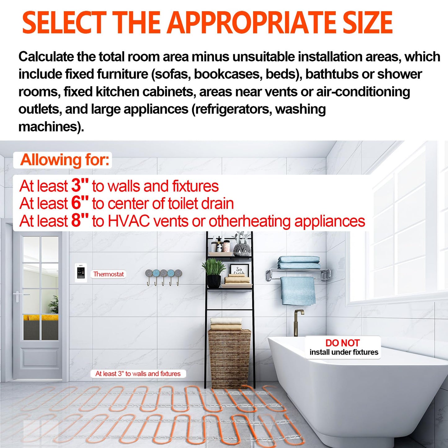 Electric Floor Heating Cable Underfloor Heating System Indoor Heated Floor Wire & ET-7AW Thermostat & Alarm Monitor 120V, 15 sq.ft.