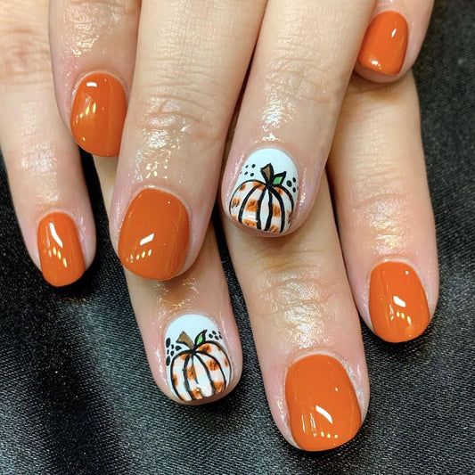 Fall Press on Nails Thanksgiving Glue on Nails Short Square Fake Nail with Cute Pumpkin Design Orange Full Cover False Nail Press ons Artificial Autumn Thanksgiving Manicure Set for Women 24Pcs