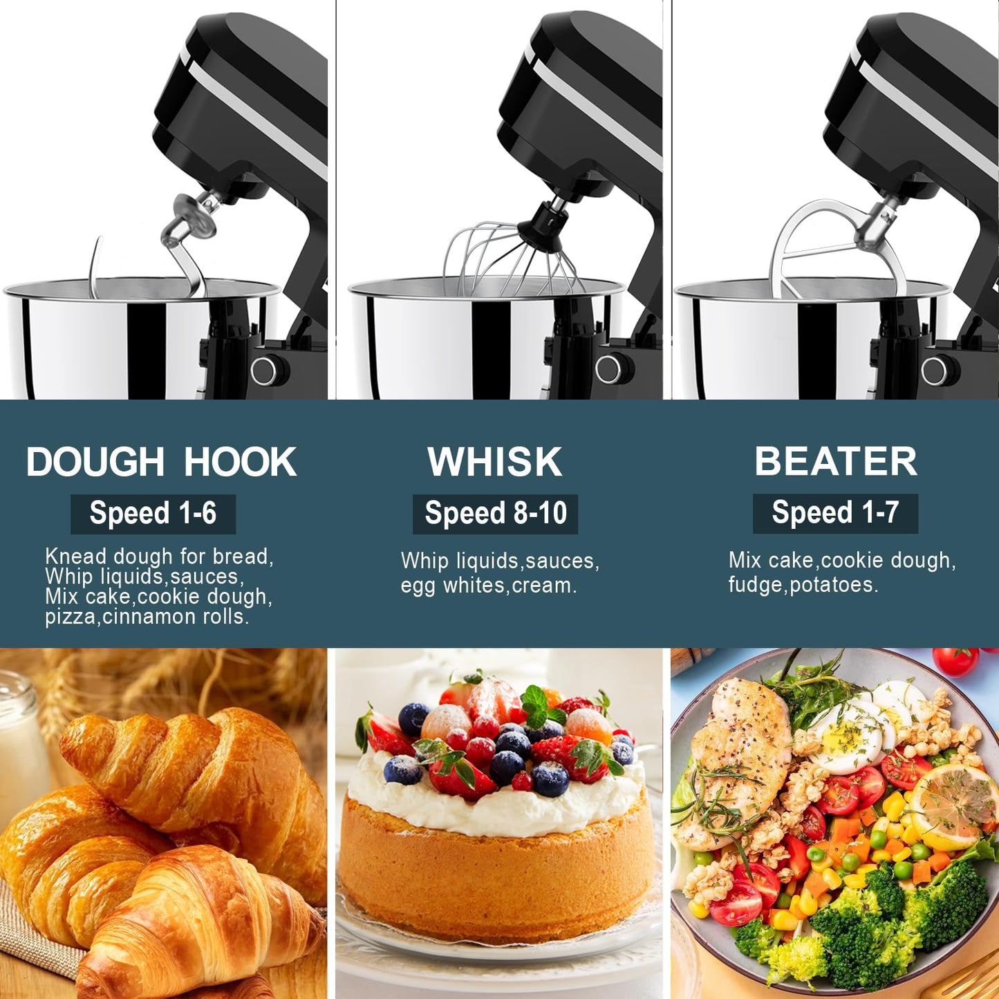 Electric Stand Mixer with 6.5QT Bowl with Handle, Household Food Mixer, Kitchen Mixer with Tilting Head for Bread Dough and Cake with Dough Hook, Whisk, Splash Guard and Egg Separator (Black)
