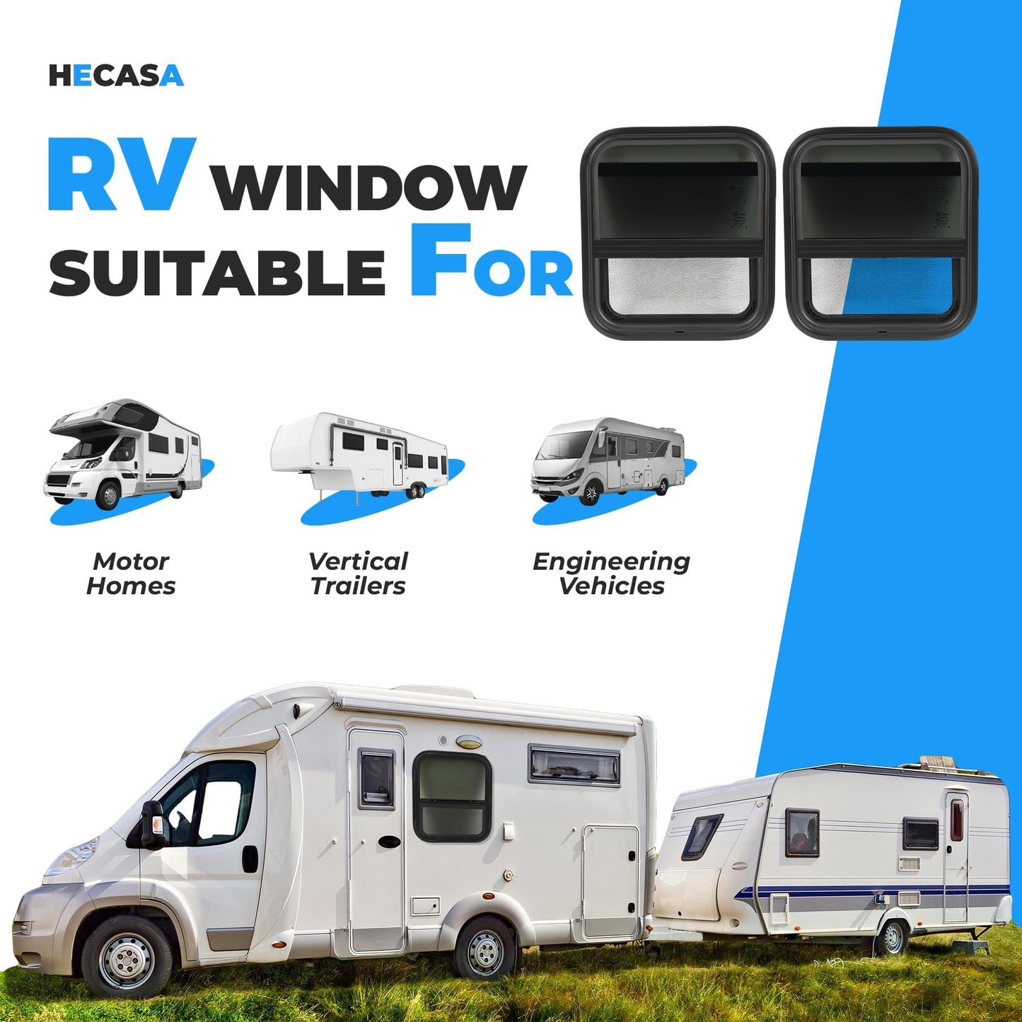HECASA RV Sliding Window 17.5" X 15.5" w/Mesh Screen & Trim Ring For Vertical Trailers, Motor Homes, Engineering Vehicles Side Window Replacement Tempered Glass Aluminium Black 2Pcs
