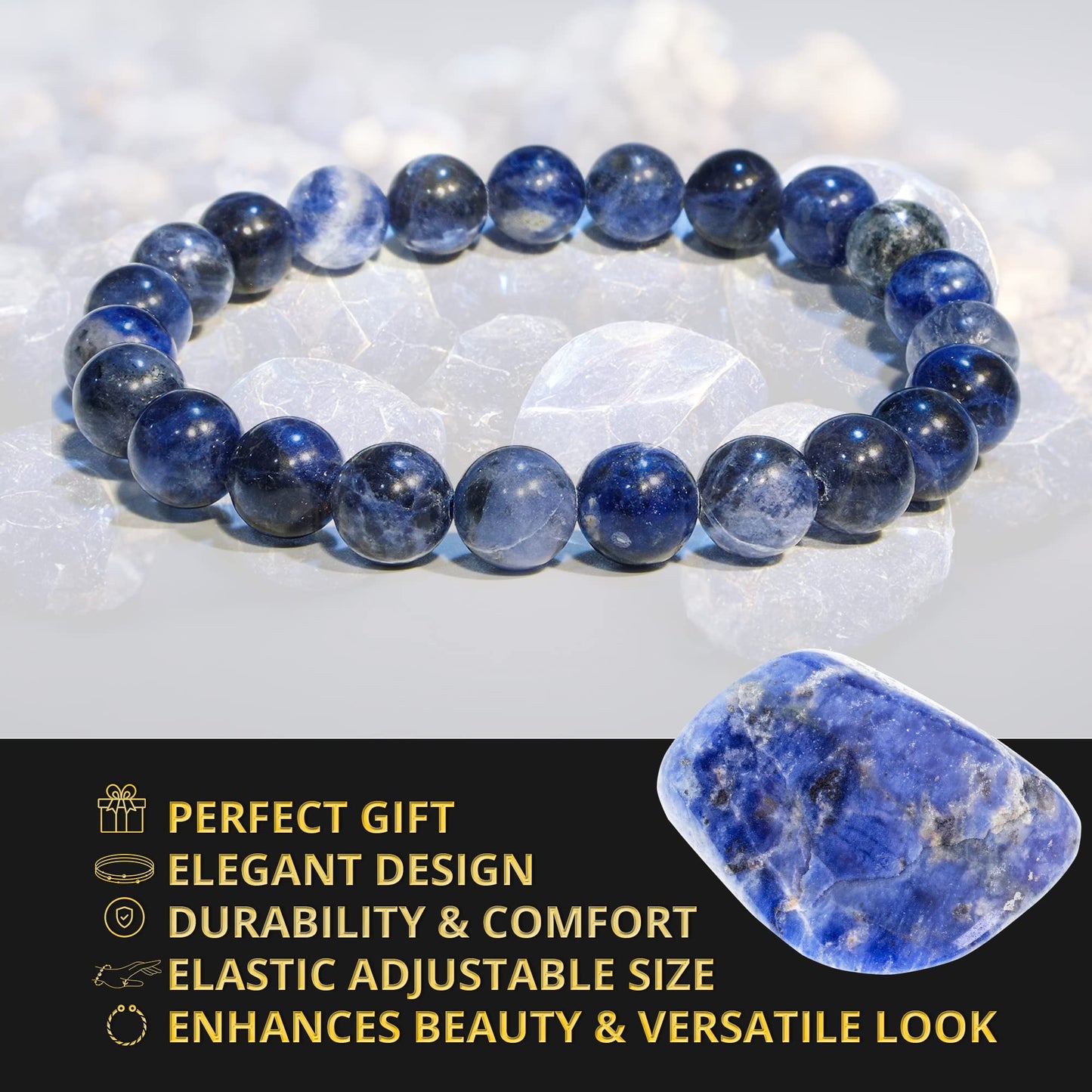 ANAYA AGATE Sodalite Bracelet, Natural Healing Crystal Bracelet for Women and Men, 8mm Round Beaded Bracelet for Spiritual, Protection, Positive Energy, Elastic Adjustable Size Gemstone Bead Bracelet