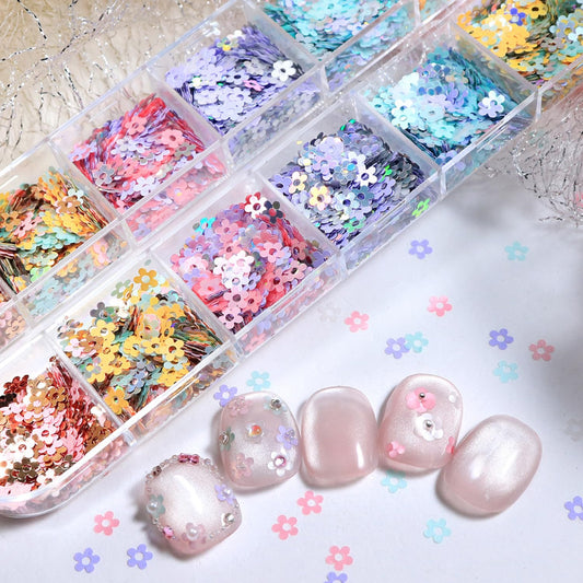 12 Grids Colorful Flower Nail Art Glitter Sequins with 3D Holographic Sparkle Kit Shiny Floral Nail Sequins Flakes Spring Summer Colorful Flower Nail Supplies Acrylic Nails Tips Accessories for Women