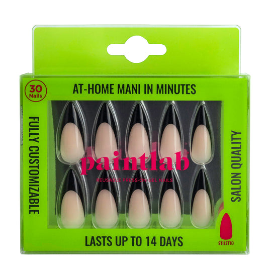 PaintLab Press-On Nails Manicure Kit, Black Stiletto, 30-Piece Set, Long-Lasting Fake Nails with Glue, File, Prep Pad & Cuticle Stick