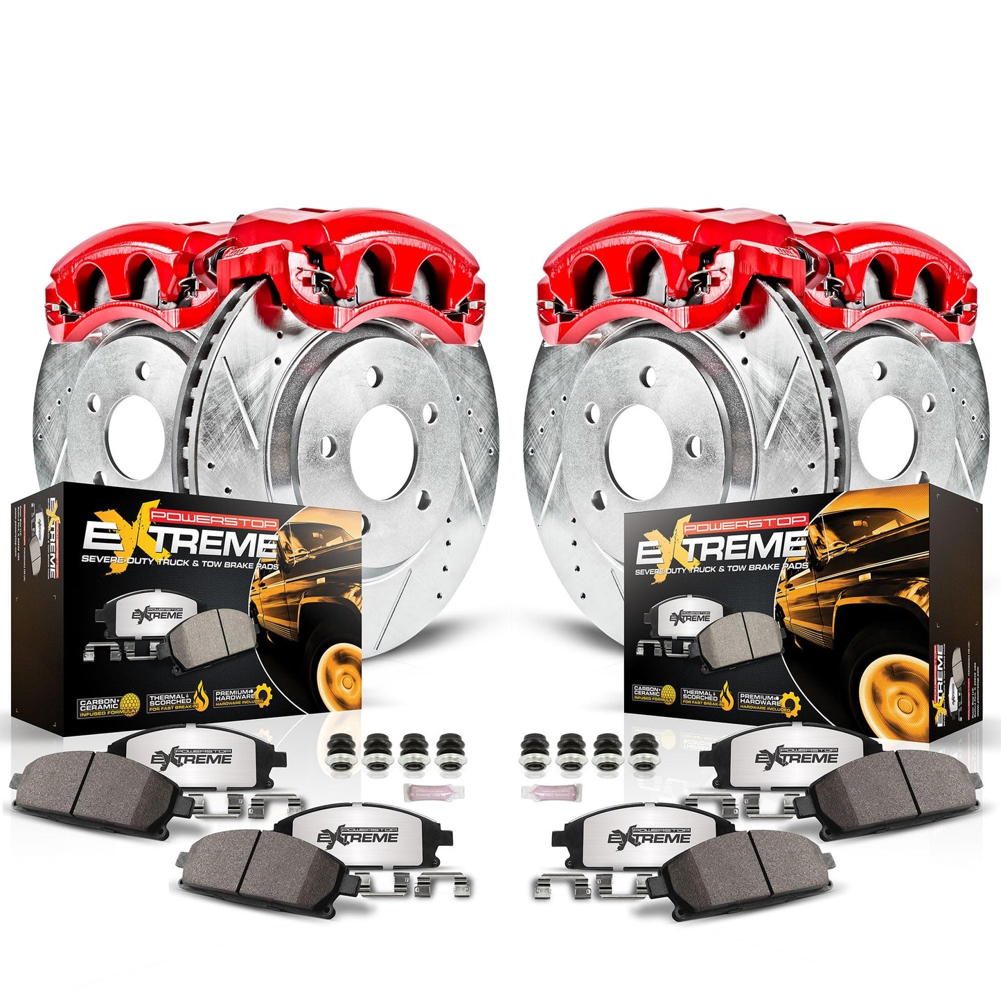 PowerStop Front and Rear Brake & Caliper Kit For Chrysler Aspen 2007-09 |Dodge Durango 2007-09 - Drilled and Slotted Truck & Tow Disc Rotors with Ceramic Brake Pads Upgrade, KC2164A-36
