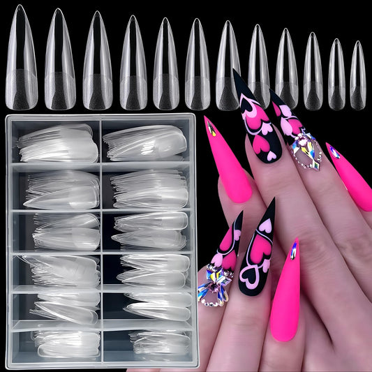 LoveOurHome 240pc XXL Stiletto Nail Tips Long Fake Nails Clear Press ons Nail Stiletto Soft Gel Nail Tip Extra Long Full Cover Pointy Artificial False Nails 12 Sizes for Gel Acrylic Nail Extension