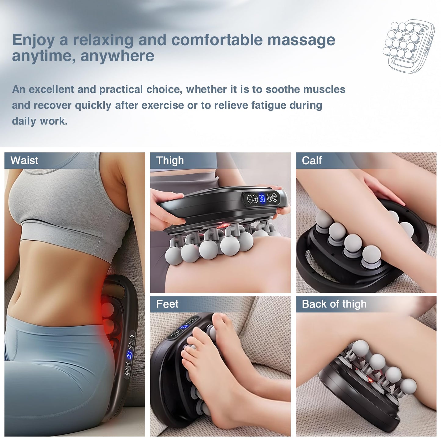 HIADGUNNR 16 Head Massage Gun Set, Deep Tissue Massage Gun Portable with 3 Modes & 30 Intensities, Red Light Therapy, Quiet Percussion Massager for Legs, Waist, Buttocks Muscles Pain Relief