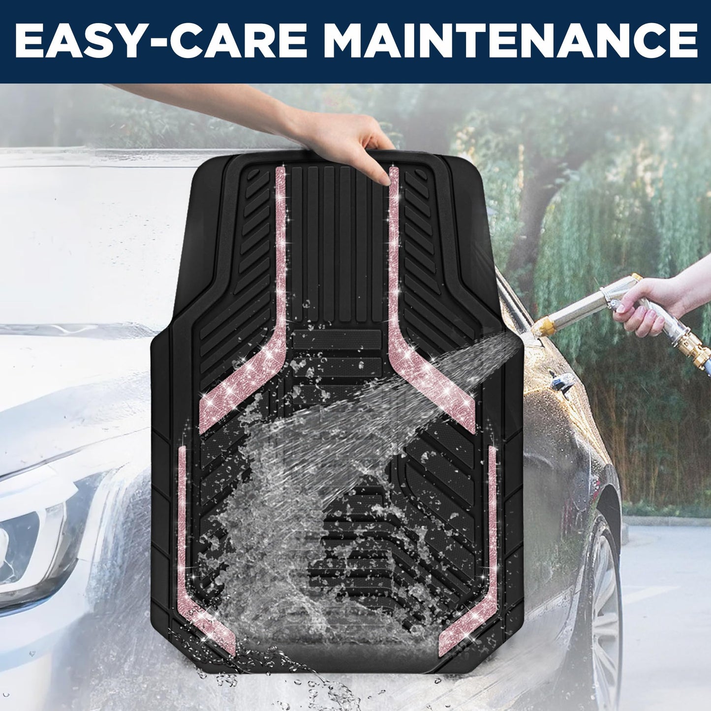 PIC AUTO Car Floor Mats, Pink Sparkly Crystal Bling Glitter Car Mats Set, Front and Rear Heavy Duty Rubber Car Mats with Anti-Slip Backing, All Weather, Trim-to-Fit for SUVs, Trucks, Sedan, Vans