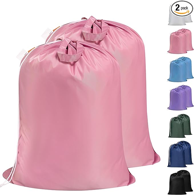 Polecasa Heavy Duty Large Laundry Bag with 130gsm Tear Resistant Fabric and Handles, Easy to Carry Durable Dirty Clothes Drawstring Bag, Perfect for College Dorm, Travel, 2 Pack 28âx36â, Pink
