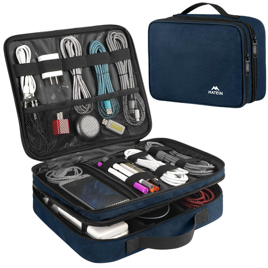 MATEIN Cord Organizer Travel for Men, Large Travel Accessories Changer Case for Cables, Cell Phone and Tablet (Up to 12.9inch), Portable Double Layers Cable Organizer Box, Navy Blue, Tech Gifts