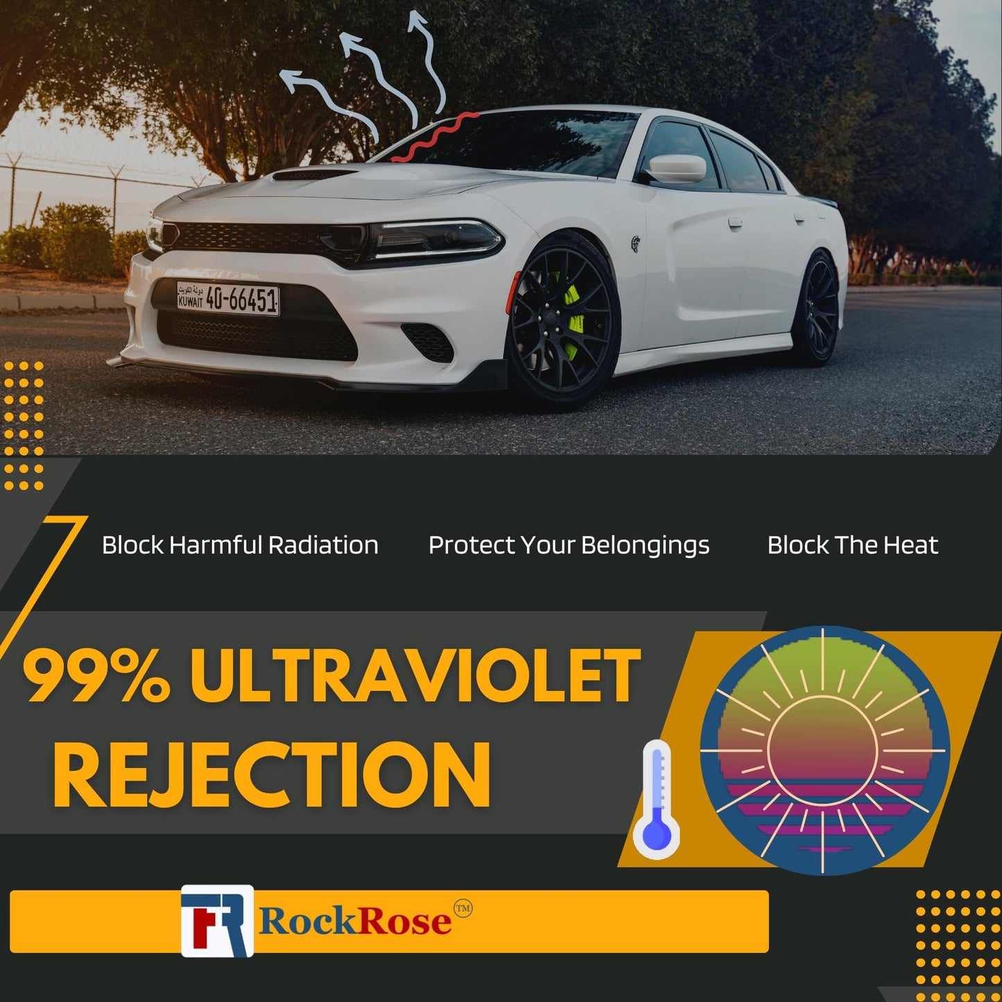 RockRose 20% Nano Ceramic Car Window Tint 40 in x 100FT 2PLY Privacy Film Heat Block, 99% UVR, and 85% IRR Block for Auto or Home Strong Adhesive, Easy Shrink, Plotter Friendly - Charcoal