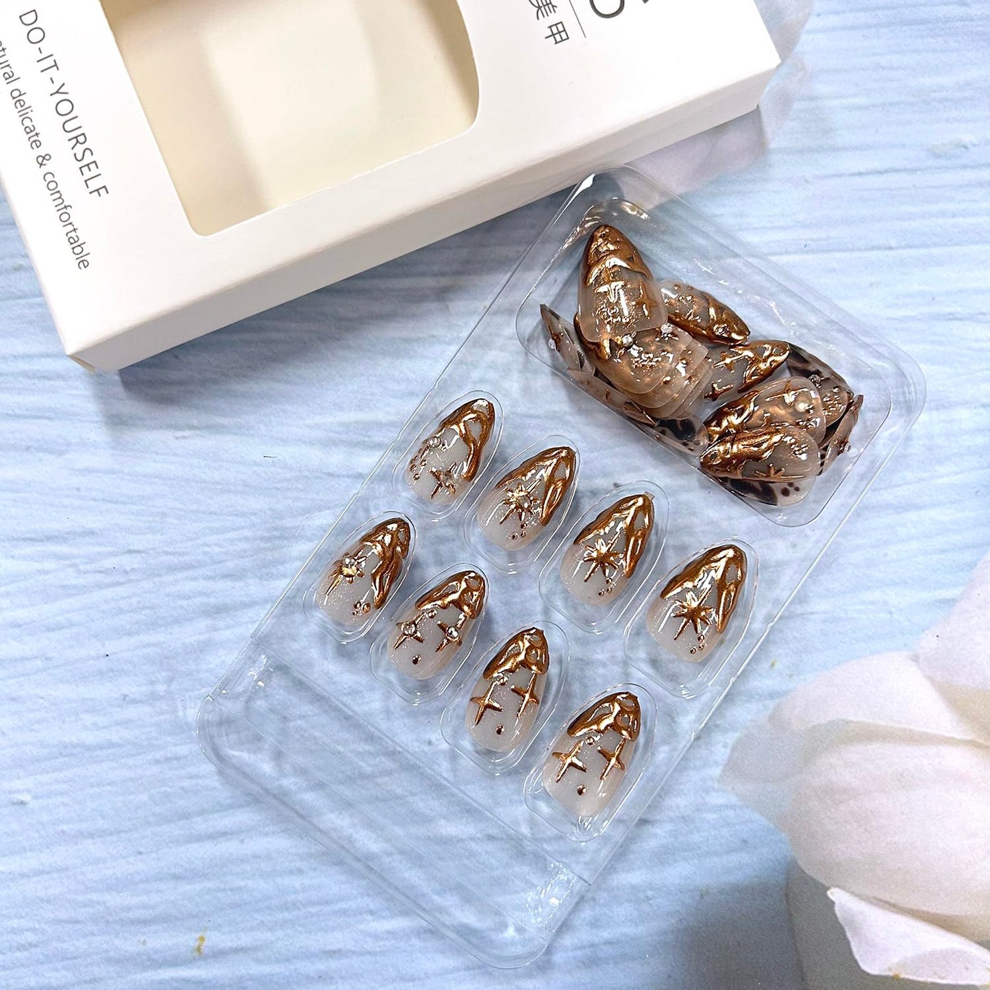 Gold French Tip Press On Nails - Short Almond 3D Stereoscopic Stick On Stars Rhinestones Design Coffin Acrylic Full Cover Artificial Nails for Women