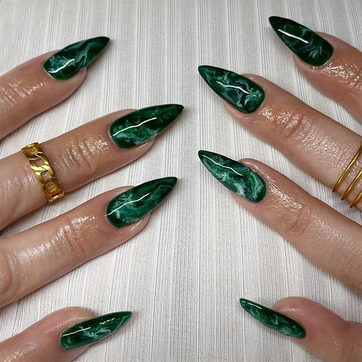 IMRAIN Press on Nails Medium Almond Fake Nails Green Ombre Marble False Nails Full Cover Glossy Artificial Reusable Acrylic Stick on Nails for Women Manicure Kit