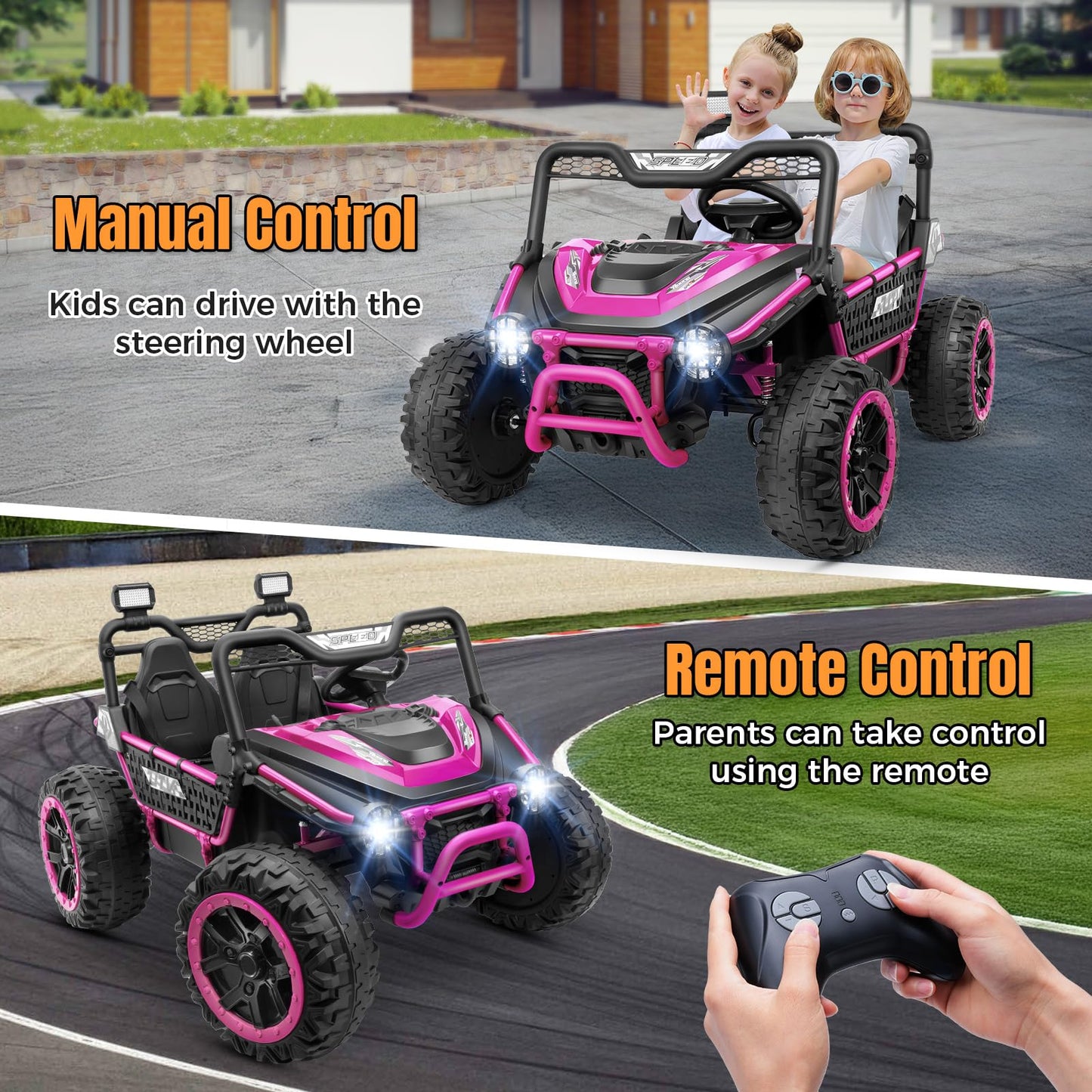 Hikole 24V Ride on Toys for Boys&Girl, 2 Seater Kids UTV with Parent Remote, 400W Battery Motors Operated, XXL Design, Steering Wheels, Easy to Assemble, Dashboard/LED/Horn/Bluetooth, Hot Pink