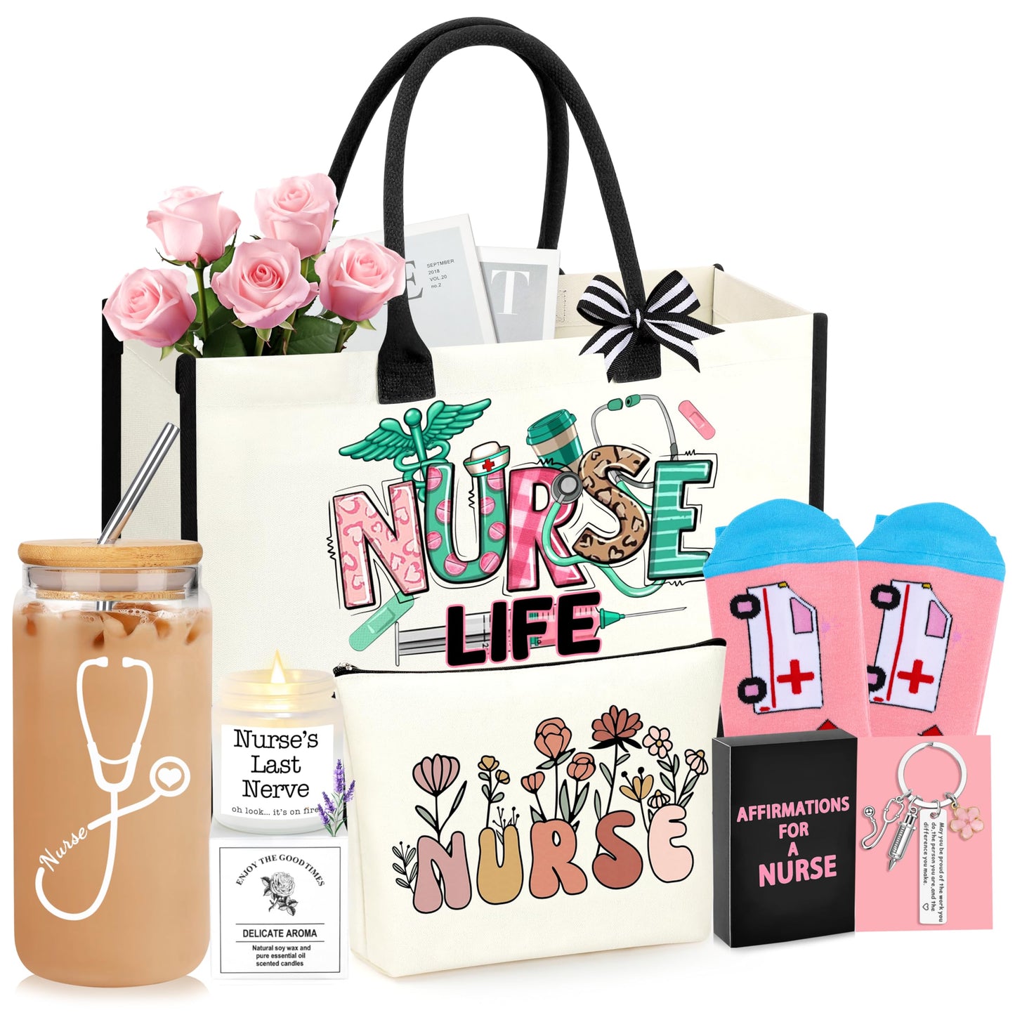 DOGMEM Nurse Gifts Nurse Appreciation Gift Set for Women Birthday Gift for Nurses Week Nurses Graduation Gifts for Her, Nursing Student with Canvas Bag Socks Affirmations Cards 16 Oz Can Glass