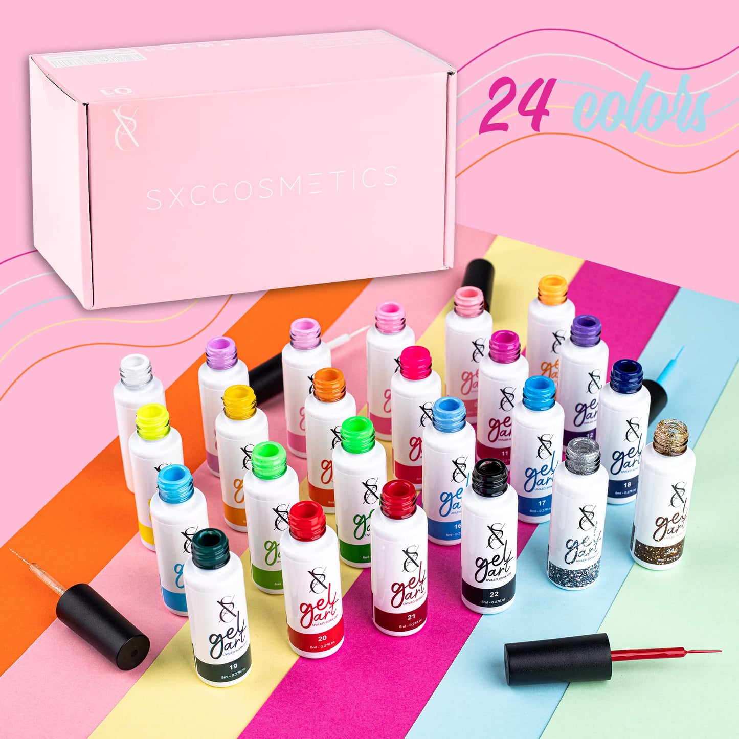 SXC Cosmetics 24-Color Gel Liner Set for Nail Art - With Built-in Thin Brush for Swirl Nail Designs and Soak-Off Gel Polish