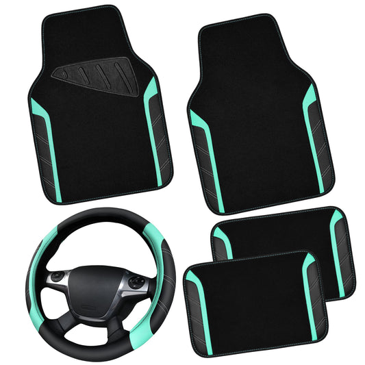 CAR PASS Microfiber Steering Wheel Cover and Waterproof Car Floor Mats,Leather Universal Car Combo Fit for 95% Truck,SUV,Cars,14.5-15inch Sporty Anti-Slip Safety Comfortable Design(Black and Pink)