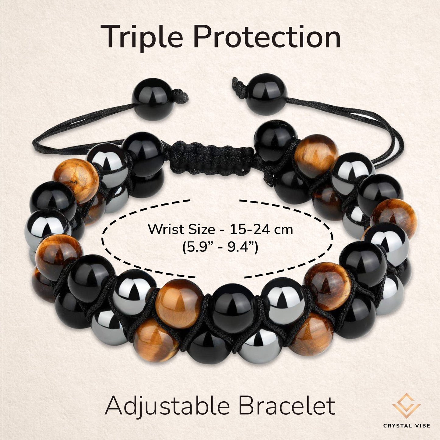 Crystal Vibe 8mm Triple Protection Bracelet - Beaded Bracelet with Natural Stones of Tiger Eye, Hematite, Black Obsidian - Elastic Adjustable Crystal Bracelet for Anxiety Relief, Spiritual Healing