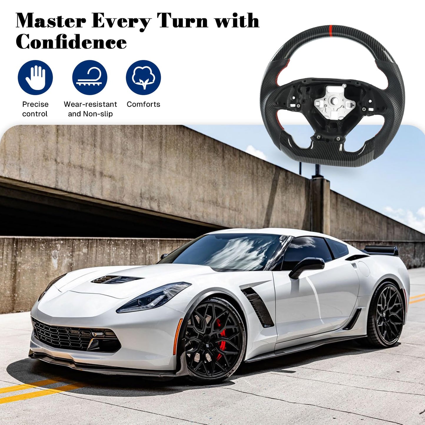 VOONKE Steering Wheel for Chevrolet Corvette C7 Black Hydro-Dip Carbon Fiber D-shaped Flat-bottom Preforated Leather Grip Steering Wheel for Corvette C7 2014-2019