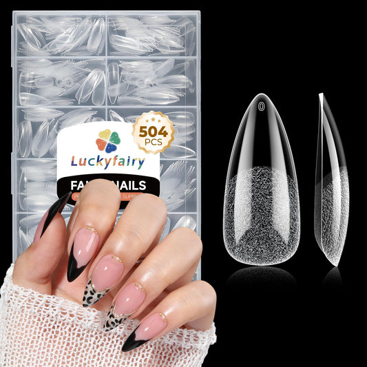 Medium Stiletto Nail Tips: 504pcs Full Cover Soft Gel Nail Tips, 12 Sizes Pre-Etched Half Matte Clear Stiletto Press on Nails No C Curve For Nail Extensions Home Salon