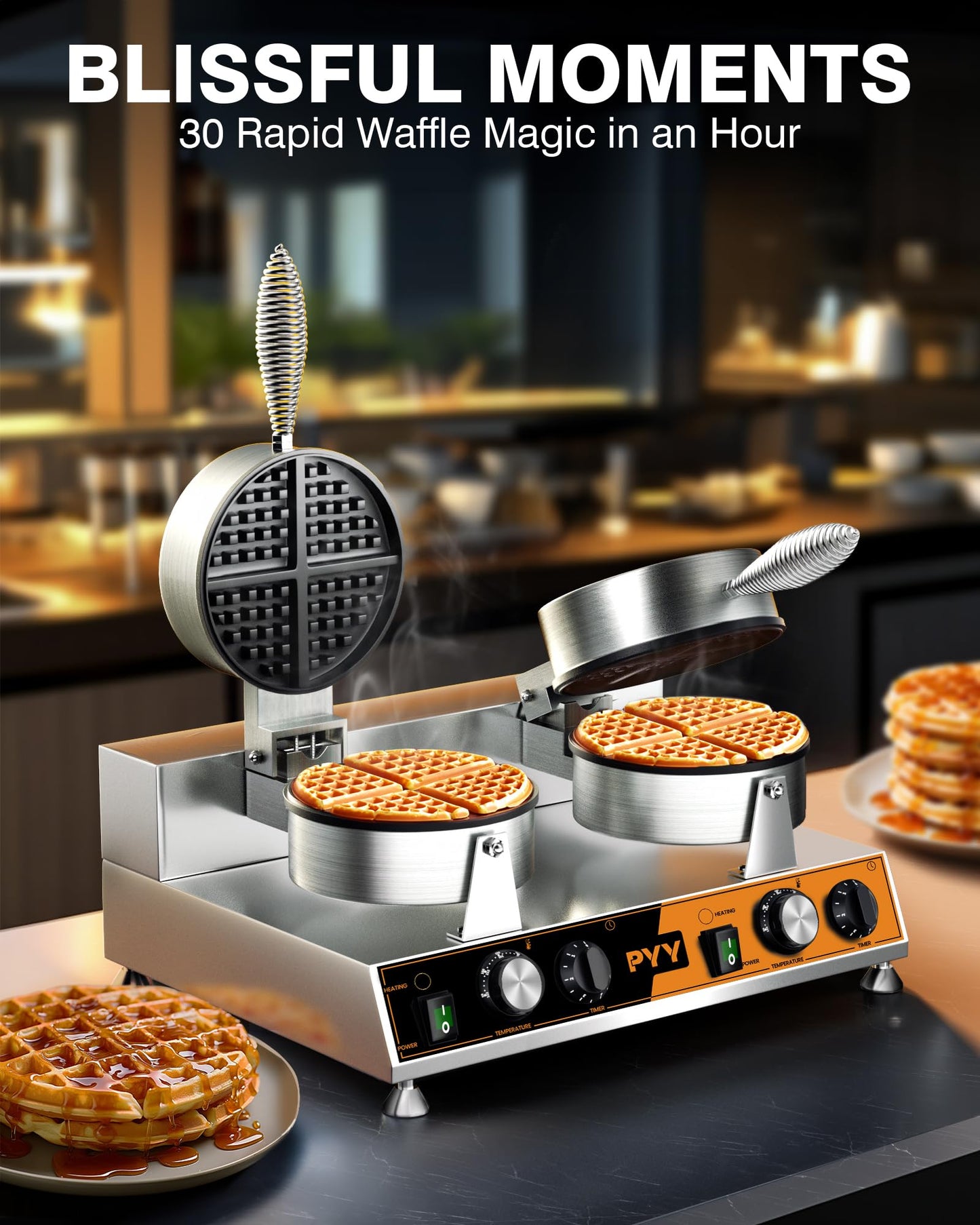 PYY Commercial Waffle Maker - Double Waffle Maker, Large, Stainless Steel, Non-stick Electric Chaffle Maker for Restaurant Party Food Stall
