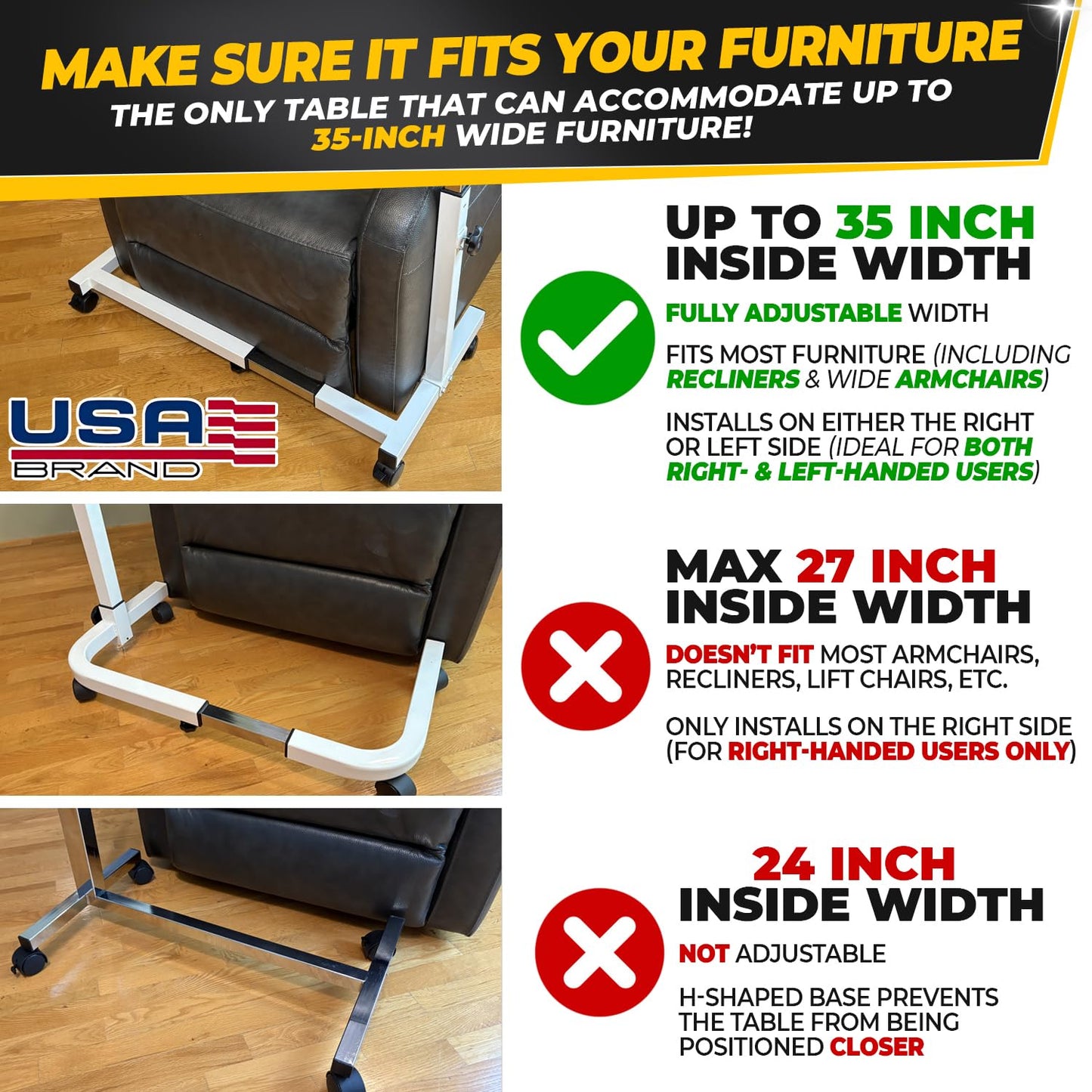 Sigmade Recliner Table, Over The Bed Table with Wheels, Adjustable Width & Height, with Split Tilt Design & 4 Caster Wheels with Brakes (White Base & Wood Grain Tabletop)
