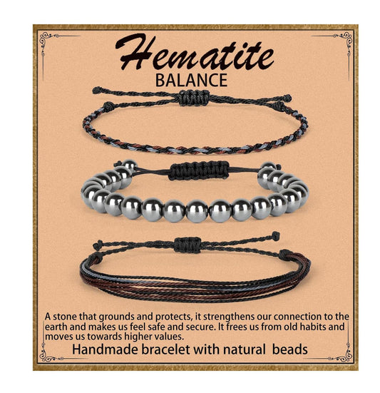 QOGIR Handmade Healing Bracelets,8mm Natural Hematite Gem Stone Beads Bracelet,for Men Women Gifts with 2PCS Size Adjustable Rope Bracelets