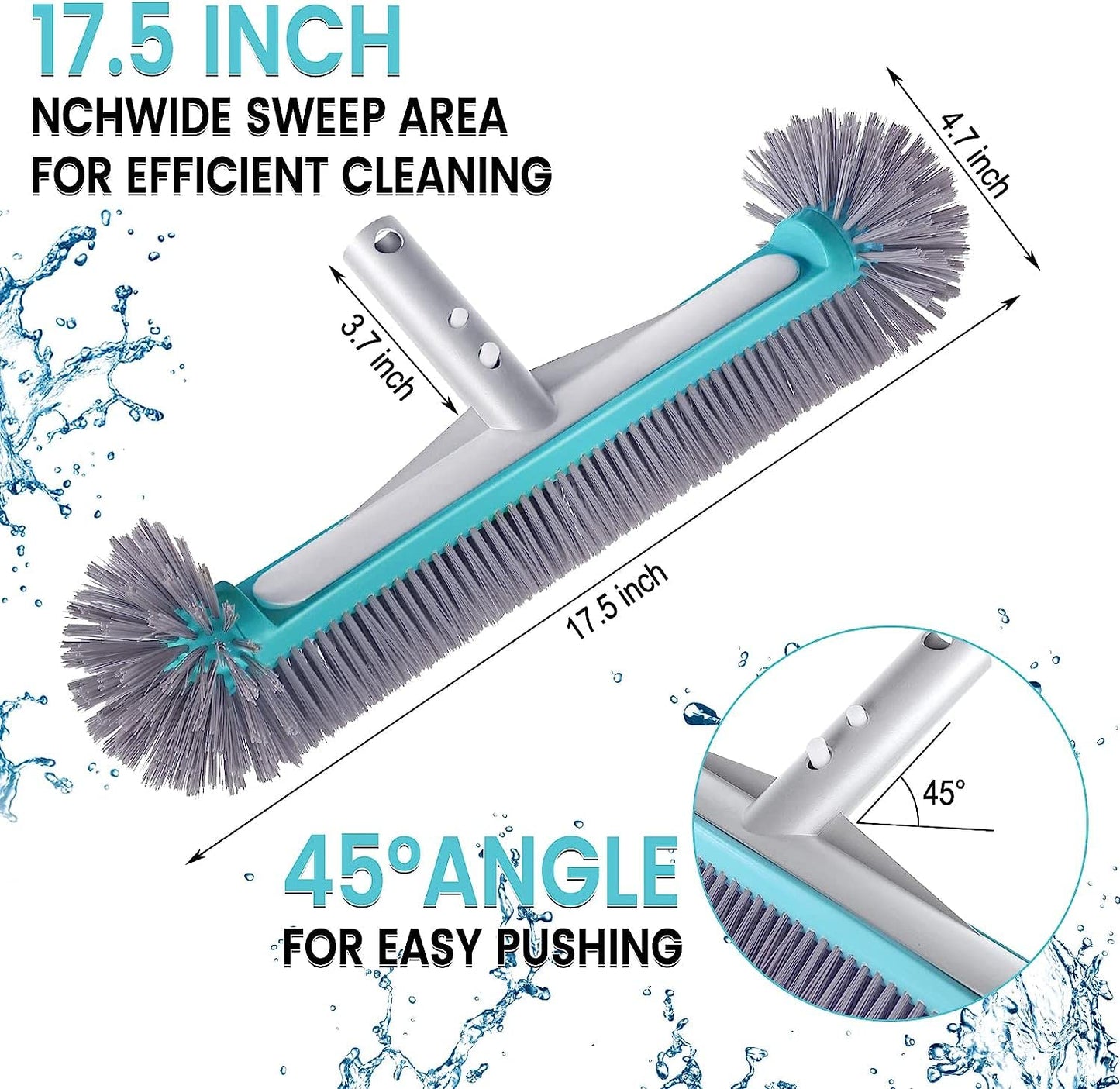 Swimming Pool Brush Head with Round Ends，17.5" Heavy Duty Aluminum Back Head for Cleans Walls, Tiles & Floors, 7 Rows Premium Nylon Bristles with EZ Clips (Blue Grey)