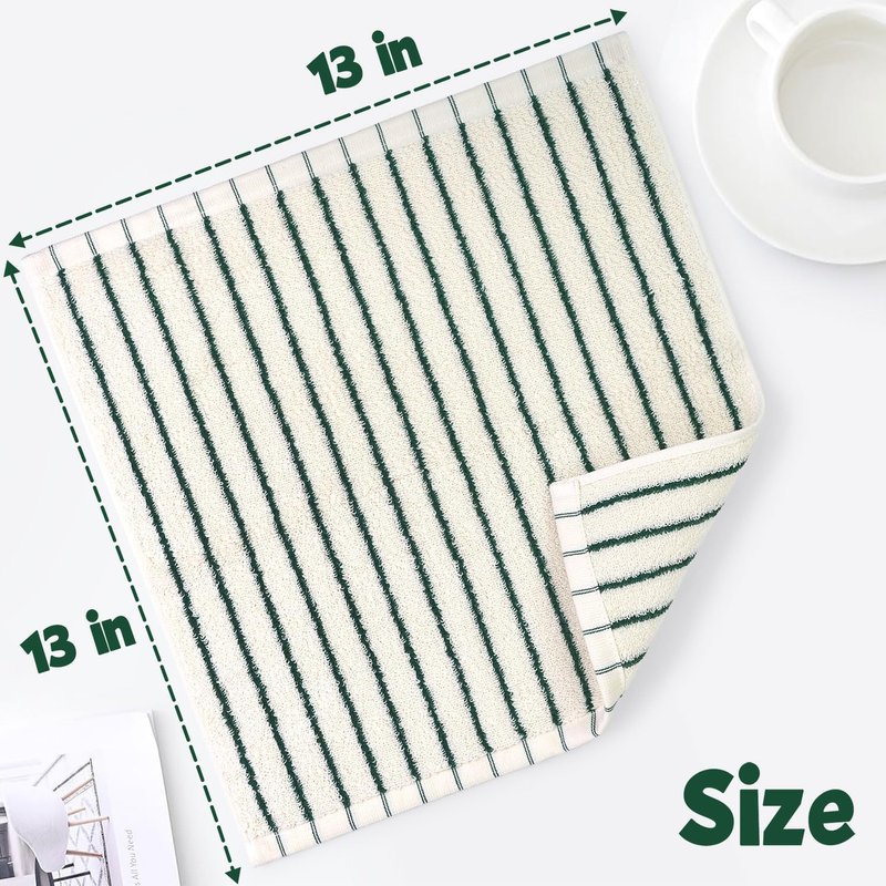 Jacquotha Striped Cotton Washcloths 12 Pack, 13” x 13” - Soft Wash Cloths for Bathroom, Kitchen, Gym, Face, Green and Cream