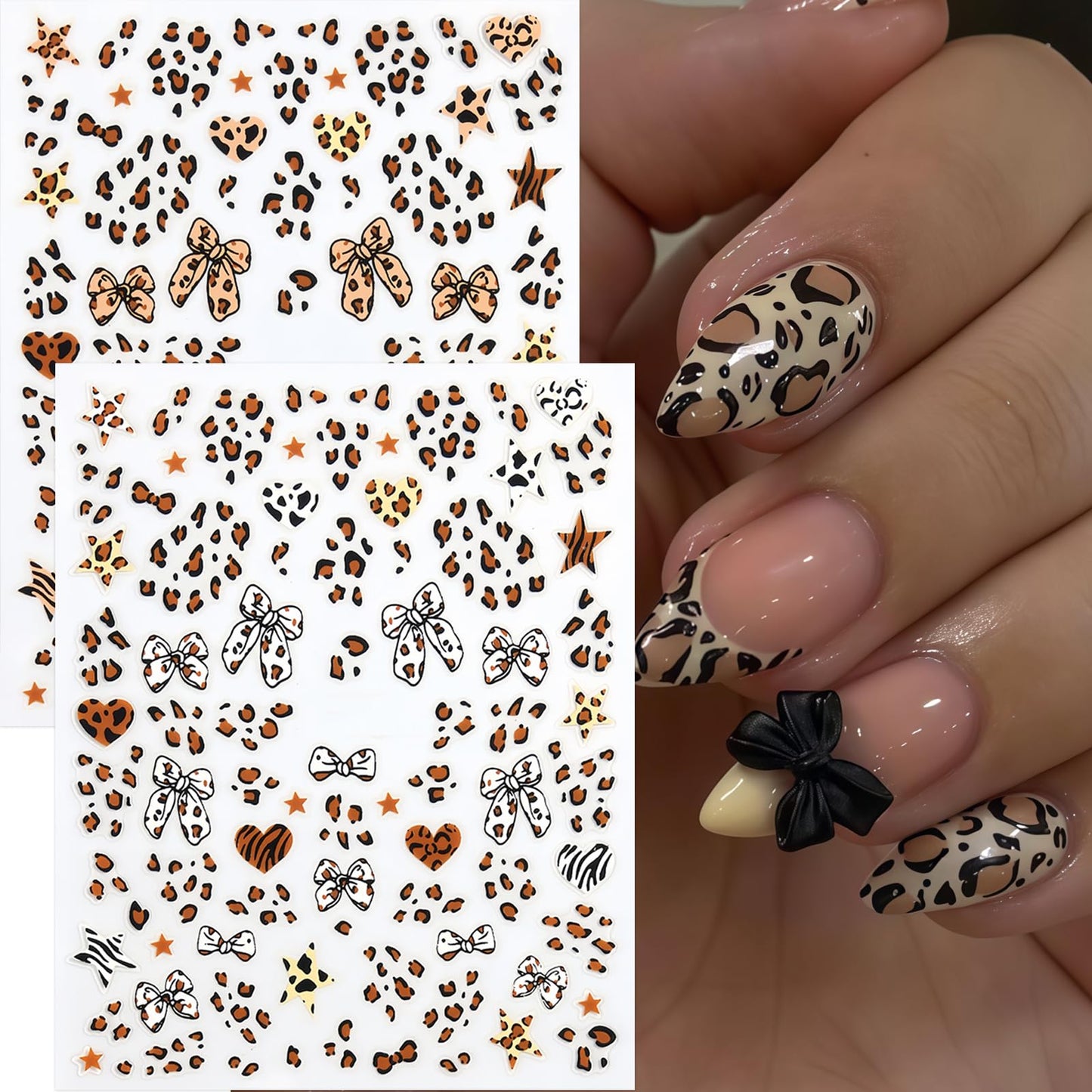 6 Sheets Leopard Print Bow Nail Stickers 3D Self-Adhesive Brown White Bow Tie Nail Decals Cute Bow Star Heart Nail Design Valentines Manicure Accessories Nail Art Stickers for Women Nail Decorations