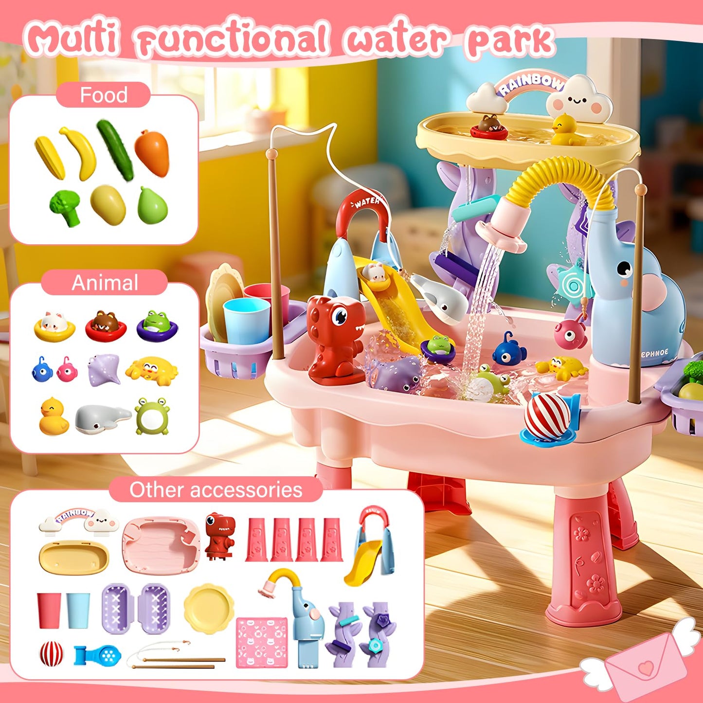 NOPROB 2027 Upgraded Toddlers 1-3 Water Table with Electric Pump, Kids Water Table with Faucet Play Food Accessories Fishing Toy, Kitchen Play Sink Toys for Girl Boy Age 4-8 (Pink)