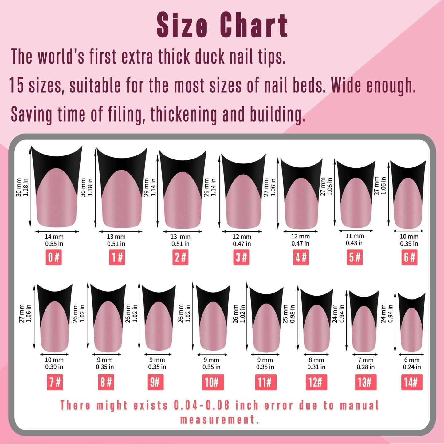 NOVO OVO Halloween Black French Tip Duck Feet Nail Tips Full Cover for Press on Acrylic with Moon Curve, Thick Medim Pre-Etched Matter Flare Wide Soft Gel Fake False Nail Extension x 15 Sizes 150 pcs