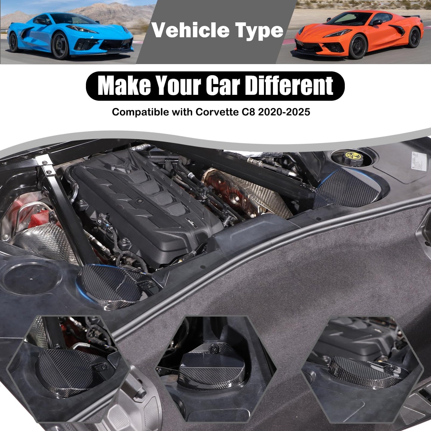 Rear Strut Tower Cover Compatible with Corvette C8 Stingray 2020-2024,Genuine Carbon Fiber Engine Bay Rear Shock Absorbing Tower Protection Panel Cover Trim 2pcs C8 Accessories (Black)