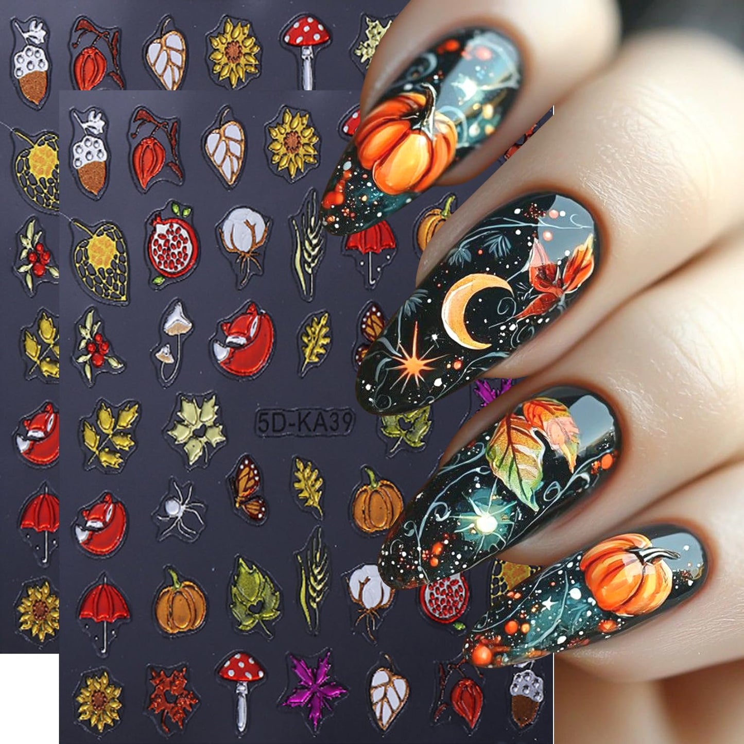 2Sheet Thanksgiving Nail Art Stickers 5D Embossed Autumn Maple Leaves Pumpkin Designs Nail Decals Self-Adhesive Fall Fruit Fox Nail Sticker Butterfly Mushroom Nail Decal for Women Nails Decor Supplies