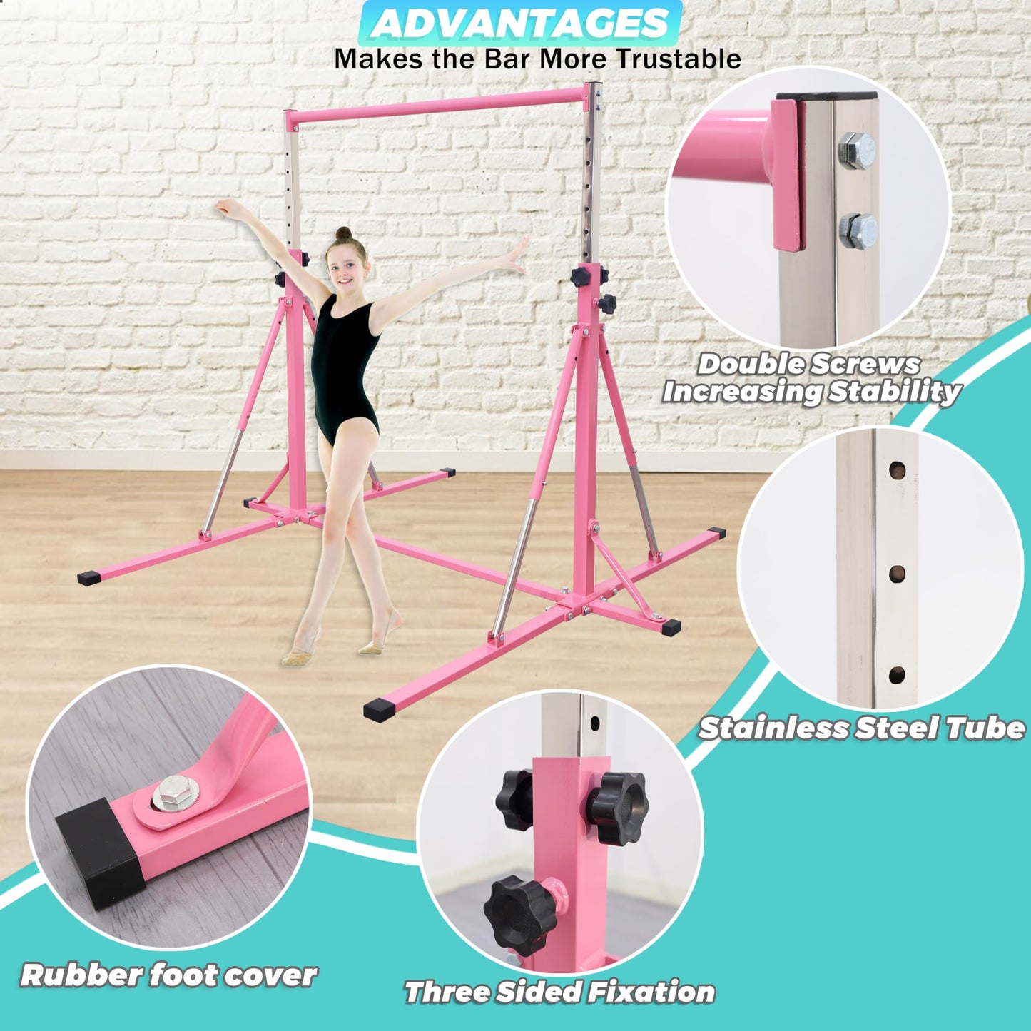 FC FUNCHEER Foldable Gymnastics Bar,5FT Horizontal bar,Adjustable Kids Training bar for Kids Ages 3-15,Kids Gymnastics bar,Triangle Stable Structure-Gym Equipment for Home