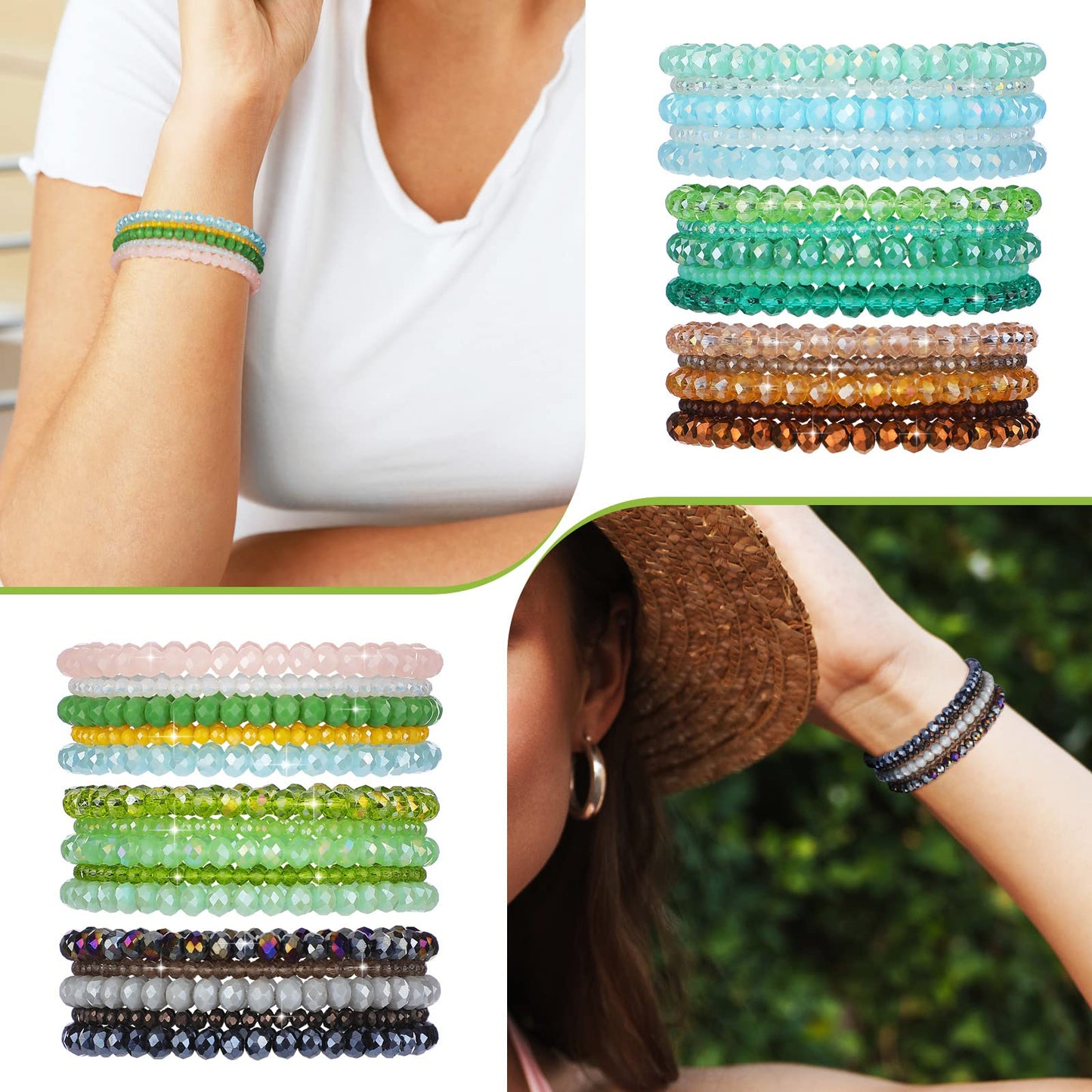 Junkin 60 Pcs Crystal Beaded Bracelets Bulk for Women Bohemian Multi Layer Stacking Statement Stretchy Strand Crystal Bead Bracelets Versatile Slip on Shiny(Shiny Color)